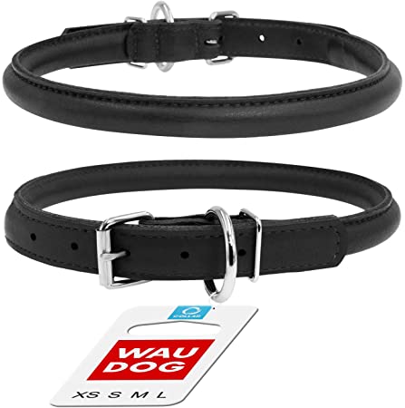 WAUDOG Rolled Leather Dog Collar for Small Medium Large Pets Puppy - Durable Steel D-Ring and Metal Buckle - Comfortable Accessory for Small Large Dog Collars Black Plus