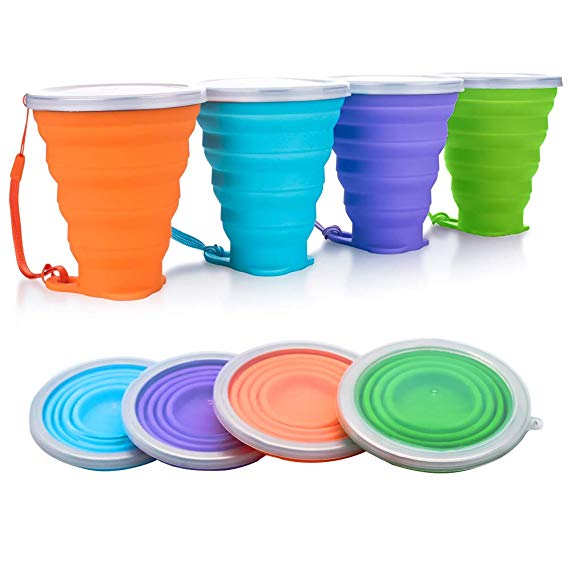 EJAYOUNGer Silicone Collapsible Cup, 4 Pcs Foldable Travel Camping Cup, Expandable Drinking Cup Set with Lids for Outdoor Camping/Hiking/Office and Home(270ml)