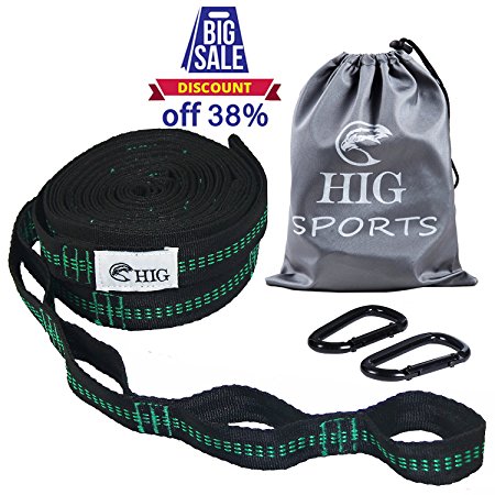 HIG Hammock Tree Straps - Combined 2200 LB Breaking Strength, 2 Carabiners, 20 Feet Long, 34 Loops, No Stretch Polyester Webbing. Hammock Suspension System (Green)