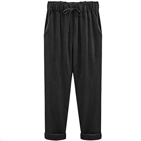 Helisopus Women's Elastic Waist Casual Relaxed Loose Fit Cotton Linen Pants Harem Trousers Cropped Pants