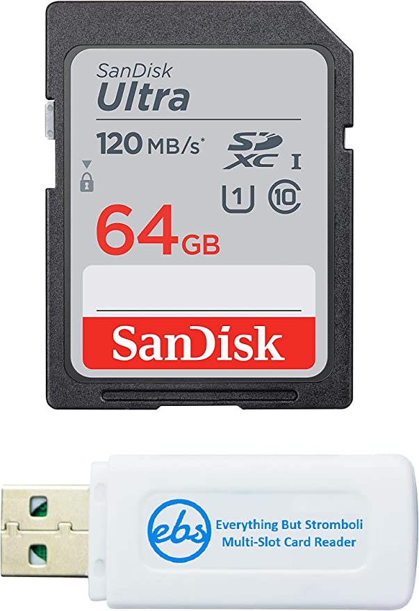 SanDisk 64GB SDXC SD Ultra Memory Card Works with Canon Powershot ELPH 360 HS, SX70 HS, SX620 HS Camera UHS-I (SDSDUN4-064G-GN6IN) Bundle with (1) Everything But Stromboli Combo Card Reader