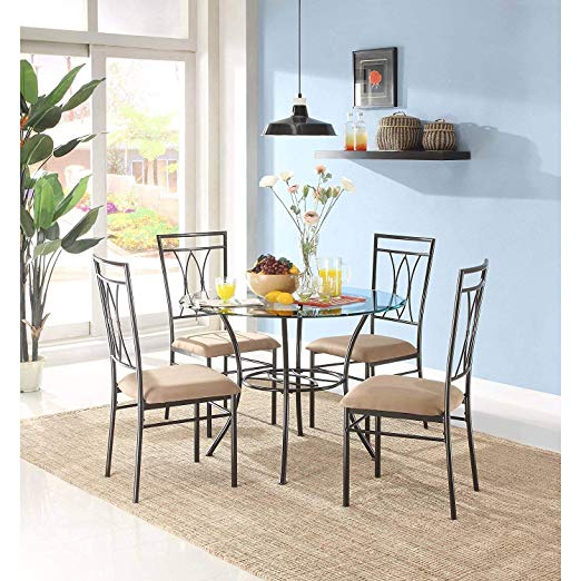 MSS 5-Piece Glass and Metal Dining Set, Includes table and 4 chairs, Solid metal tubing, Easy assembly, Upholstered seat cushions, Comfortably seats four people with 42 inch round table surface.