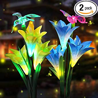 Arzerlize Solar Flower Lights,  Outdoor Waterproof Color Changing Flower Stake, Lily Butterfly Dragonfly Hummingbird Led Landscape Light, Decorations for Lawn, Garden, Pathway, 2/Pack