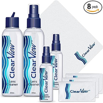 Clear View Lens Cleaner Kit | Two 8 oz. Lens Cleaner Bottles   Two 2 oz. Lens Cleaner Bottles   4 Premium Microfiber Cloths | Safe on All Lenses, Coatings, & Screens | Scientifically Formulated