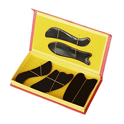 EQLEF® Chinese Traditional Buffalo Horn Gua Sha Guasha Massage Tool Board Scraping Tool (Five-piece set)