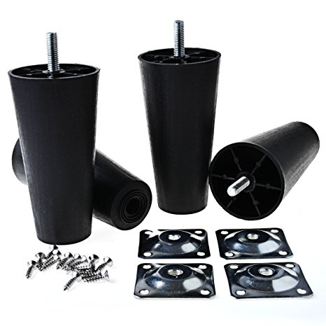 5" Round Black Tapered Plastic Sofa, Couch, and Chair Legs, Set of 4--M8 Thread (Metric 8mm)