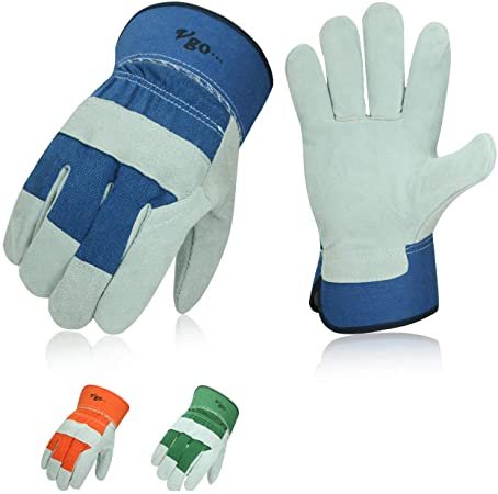 Vgo 3 Pairs Cow Split Leather Men's Work Gloves with Safety Cuff (Size L,Blue Orange Green,CB3501)