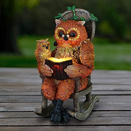 Exhart Solar Owls Reading a Book Garden Statue - Hand-Painted Resin Statue of an Owl and Owlet Reading a Storybook on a Rocking Chair - Cute Owl Decor w/Solar LED Accent Lights, 12 Inches