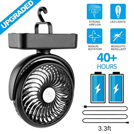 Amacool Portable Battery Camping Fan with LED Lantern - Rechargeable 4400mAh Battery Operated USB Desk Fan Kit with Hanging Hook for Tent Car RV Hurricane Emergency Outages