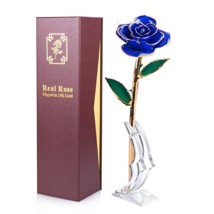 Sinvitron Gold Dipped Rose, Long Stem 24k Gold Dipped Real Rose Lasted Forever with Stand, Great Valentines's Day/Christmas/Wedding/Birthday Gifts for Her(Blue)