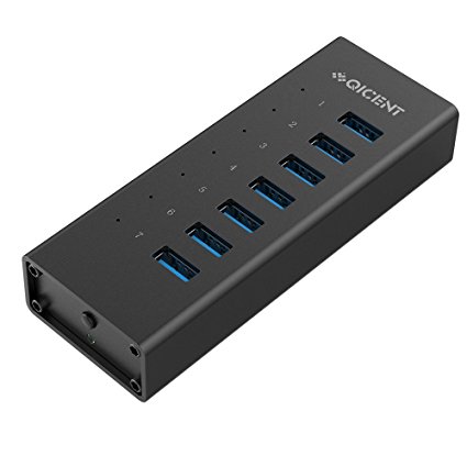 QICENT 7-port USB 3.0 Data Hub Aluminum USB Chargeable Power Hub Metal with 12V 2.4A Power Adapter for Macbook Air/Pro, iMac, ChromeBook Pixel, XPS, Surface Pro, Windows and Others