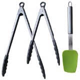 Bobbi Jeans Silicone Stainless Steel Kitchen Food Cooking Tongs and Spatula 3pc Set 9 and 12 Inch Grey