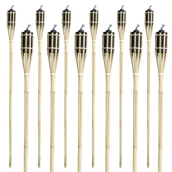Matney® Bamboo Tiki Torches - Set of 12 - Includes Metal Oil Canisters with Bamboo Covers to Protect from Rain - 48" Long