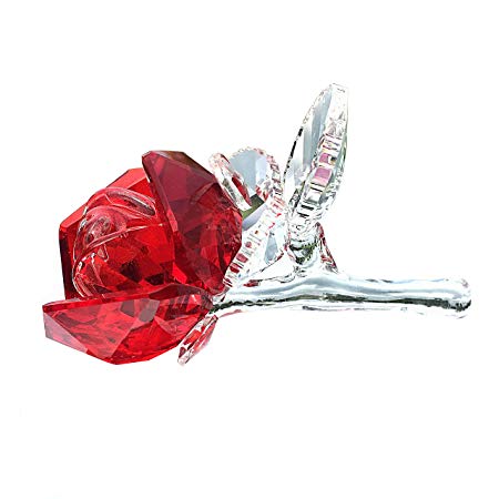 Waltz&F Crystal Rose Flower,Glass Rose Paperweight Figurine Collectible Statue Wedding Table Centerpiece Ornament,Red Rose