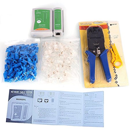 Aimtech® Cable Tester 3 in 1 Crimp Crimper 50 RJ45 RJ11 CAT6 Connector Plug Wire Stripper 50 Protecting Mask