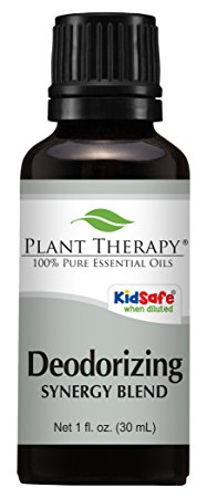 Plant Therapy Deodorizing Synergy Essential Oil. Blend of: Palmarosa, Lemon, Patchouli, Coriander, Pink Grapefruit, Cypress, Bergamot, and Tea Tree. 30 mL (1 Ounce).