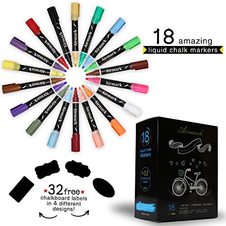 Airmark Liquid Chalk Markers Pens, 18 Colored Erasable 2 Extra 6mm Reversible Tip with 32 Reusable Chalkboard Labels,Washable Neon Plus Earth Colors