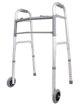 Ez2care Deluxe Two Button Folding Walker with 5-Inch Wheels Anodized Silver