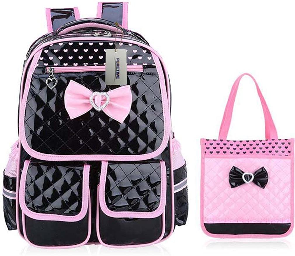 Puretime Girls Cute Pu Leather School Backpack Satchel Waterproof Travel Bag for Teenage Girls Princess Style