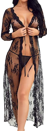 Lingerie for Women Sexy Lace Kimono Robe Long Gown Mesh Chemise