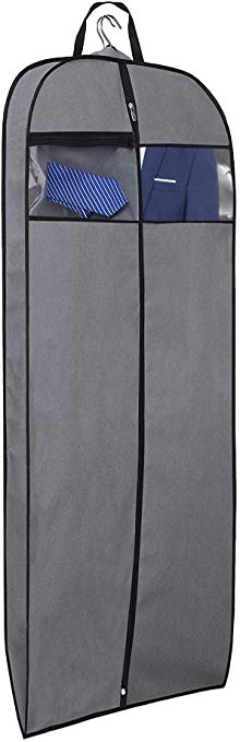 MISSLO Gusseted 60" Dress Garment Bag Hanging Clothes Cover with Clear Window Zipper Pocket for Long Coat, Full-Length Wedding Gown, Closet, Travel, Luggage (Grey)