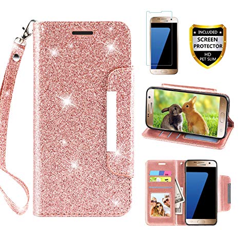 Galaxy S7 Case, with Screen Protector, TPU   Leather Bling Glitter Flip Wallet Case with Kickstand Credit Card Holder Slot for Girls/Women for Samsung Galaxy S7, Rose Gold