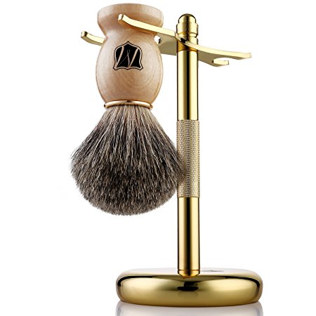 Miusco Premium 100% Pure Badger Hair Shaving Brush and Luxury Stand Shaving Set, Gold Stand, Wooden Brush