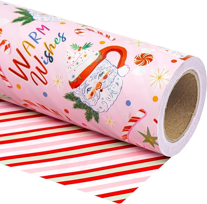 WRAPAHOLIC Reversible Christmas Wrapping Paper - Mini Roll - 17 Inch X 33 Feet - Santa Claus Cup and Stripe Design for Chrsitmas, Holiday, Party Celebration