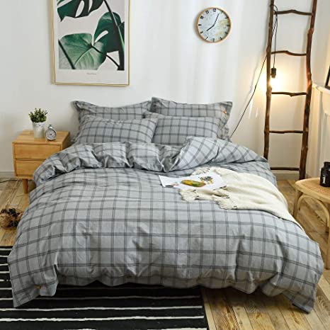 M&Meagle 3 Pieces Grey Grid Duvet Cover Queen,100% Washed Cotton Yarn Dyed Duvet Cover with Button Closure,Ultra Soft Natural Cotton Bedding Set-Queen Size(1 Duvet Cover 2 Pillowcases)