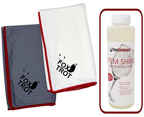 STEM SHINE Wine Glass Cleaner Solution 16OZ   2 Pack LARGE Microfiber Glass Polishing Cloths (White | Gray)| Odor Free Streak Free, Lint Free Shine And Clarity For Wine Glasses, Stemware And More