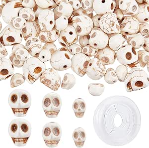 SUNNYCLUE 1 Box 200Pcs 3 Sizes Skull Beads Bulk Skeleton Head Bead Synthetic Turquoise Gemstone Halloween Beads for Jewelry Making Bead Assortment Beading Bracelet Kit White Stone Necklace Supplies