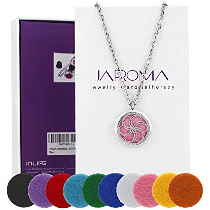 JAROMA Aromatherapy Essential Oil Diffuser Necklace, Stainless Steel Flower Pattern Locket Pendant with 24" Chain   10 Refill Pads, Hypo-allergenic 316L Surgical Grade Stainless Steel Perfume Necklace
