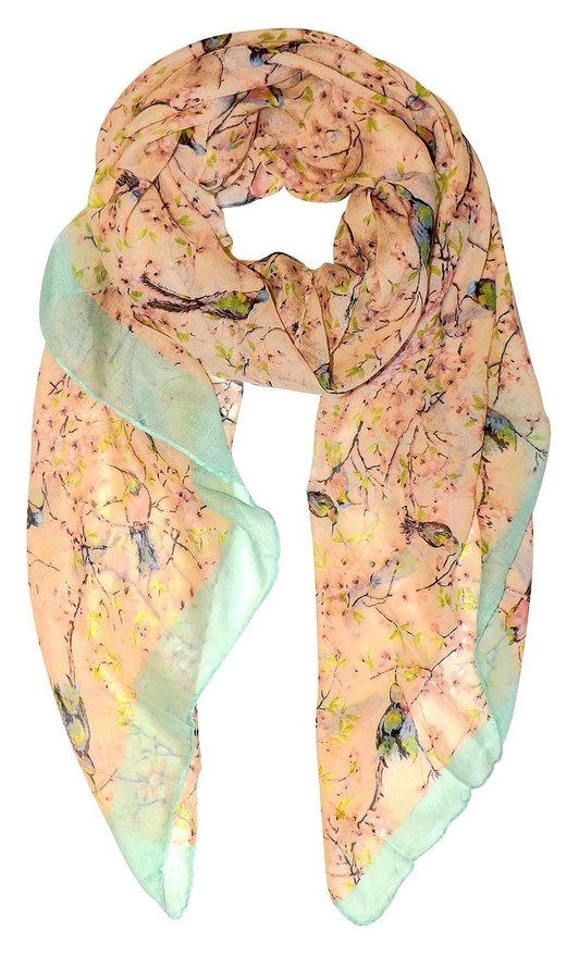 Peach Couture Pretty Vintage Floral Blossom Hummingbird Print Light Sheer Scarves