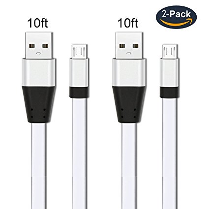 Myckuu 10FT/ 2Pack Premium Flat Aluminum Micro USB Charging & Data Cable for Android Smartphones,