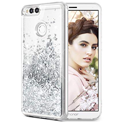 Huawei Honor 7X Case, Caka Huawei Mate SE Glitter Case [Liquid Series] Girls Bling Flowing Floating Luxury Liquid Sparkle TPU Bumper Case for Huawei Honor 7X (2017)/Huawei Mate SE (2018) - (Silver)