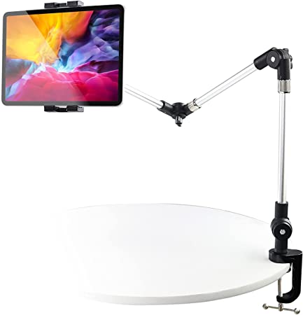 Metal Long Arm Tablet Holder, woleyi Adjustable iPad Mount Stand for Bed Desk Kitchen, Flexible Foldable Aluminum Tablet Clamp for iPad Pro 12.9 Air Mini, Galaxy Tabs, Switch, iPhone More 4-13"