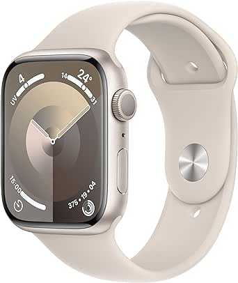 Apple Watch Series 9 (45 mm GPS) Smartwatch avec boîtier aluminium et Bracelet Sport lumière stellaire (S/M). Suivi de l’activité Physique, apps Oxygène sanguin et ECG, écran Retina Toujours activé