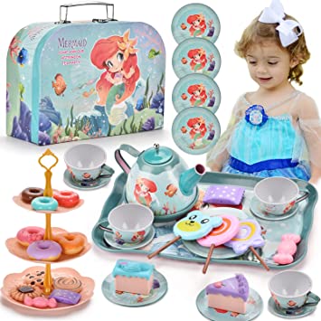 48pc Mermaid Tea Party Set for Little Girls,Birthday Gifts for Age 3 4 5 6 Year Old Girls,Pretend Tin Teapot, Cups, Plates,and Food Sweet Treats Playset for Princess Tea Time Play Kitchen Toys