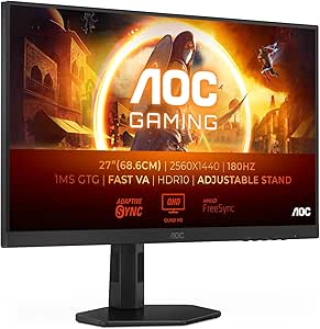 AOC Gaming Q27G4XD - 27 Zoll Quad HD Monitor, 180 Hz, 1 ms, FreeSync. Prem., G-Sync comp., HDR400 (2560x1420, HDMI 2.0, DisplyPort 1.4, USB Hub) schwarz