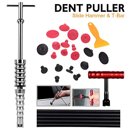 WHDZ Car Dent Repair Tools Dent Lifter Paintless Removal Kit Paintless Dent Repair Puller Grip PRO Slide Hammer T-Bar Tool   19pcs Glue Puller Tabs for Vehicle SUV Car Auto Body Hail Damage Remover