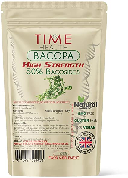 Bacopa Monnieri High Strength 50% bacosides - Zero Additives - Pullulan (120 Capsule Pouch)