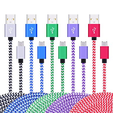Micro USB Cable, Sicodo 5-Pack High Speed 6FT Premium Nylon Braided USB 2.0 A Male to Micro B Data Charger Cables for Samsung Galaxy S7 S6 Edge, Note 5, HTC, Motorola, Sony, LG and More Android Phones
