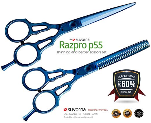 Suvorna Professional Barber Blue Titanium Razor Edge Hair Cutting and Texturizing Scissors Set Razpro P55, Blue, 16 Ounce