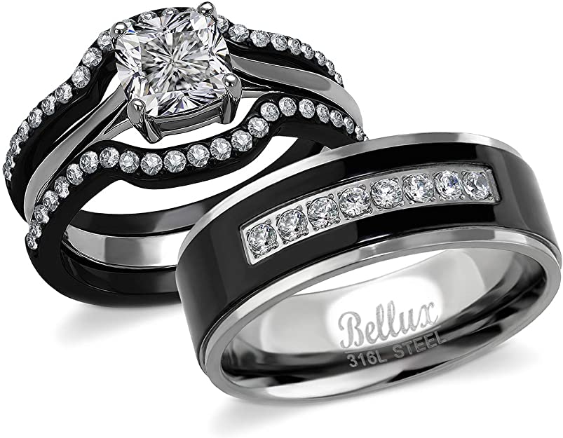 Bellux His and Hers Engagement Rings for Women - Wedding Rings for Women - Couples Rings - Promise Rings for Couples - Stainless Steel 1.03 Carats 3-Piece CZ Ring Sets & Mens Matching Black Bands