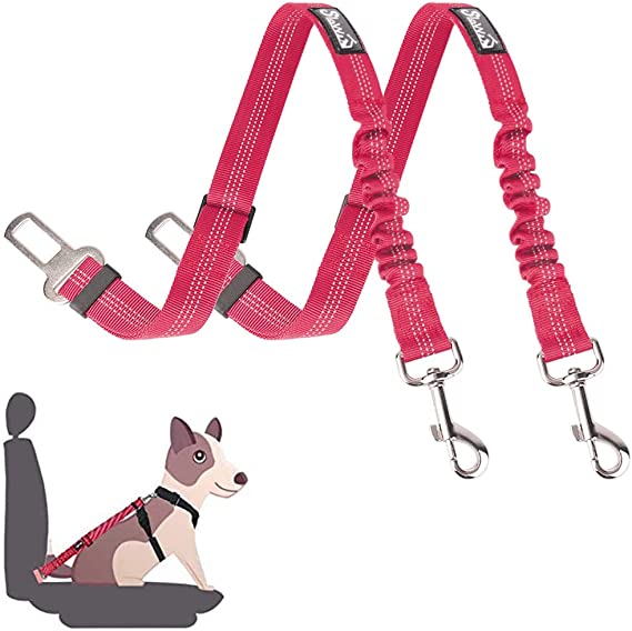 AutoWT Dog Car Seat Belt, Adjustable Dual Use Elastic Bungee Safety Belt in Car Vehicle, Heavy Duty Dogs Leash with Quick Release Swivel Buckle for Small Medium Large Dogs