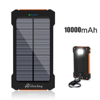 Hiluckey 10000mAh Solar Charger Waterproof Portable Energy Rugged Shockproof Dual USB Output LED Flashlight for iPhone, Android Smart Phone