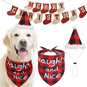 Christmas Dog Bandanna with Hat and Banner - Xmas Red Plaid Costume, Cute Pet Naughty and Nice Scarf with Party Hat and Flag Decoration