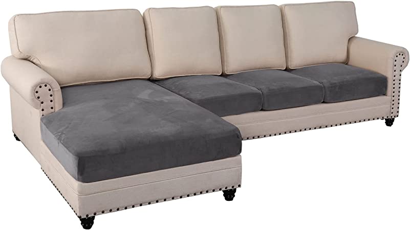 Sectional Couch Covers 4 Piece Couch Covers for Sectional Sofa L Shape Velvet Separate Cushion Couch Chaise Cover Elastic Furniture Protector for Both Left/Right Sectional Couch(4 Seater, Grey)