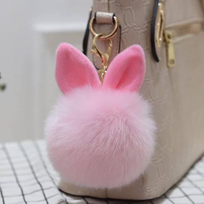 12 cm Rabbit Ears Fur Ball Bag Charms with Golden Keyring Pom Pom, Fluffy Fur Ball Keychain for Car Keyring, Charm Gift