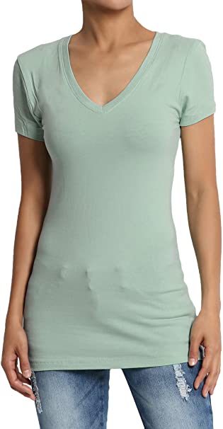 TheMogan Women's Basic V Neck Short Sleeve T-Shirts Stretch Cotton Spandex Tee
